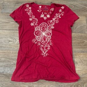 Johnny Was Red Embroidered T-Shirt Women’s Medium Boho White Floral Stitching